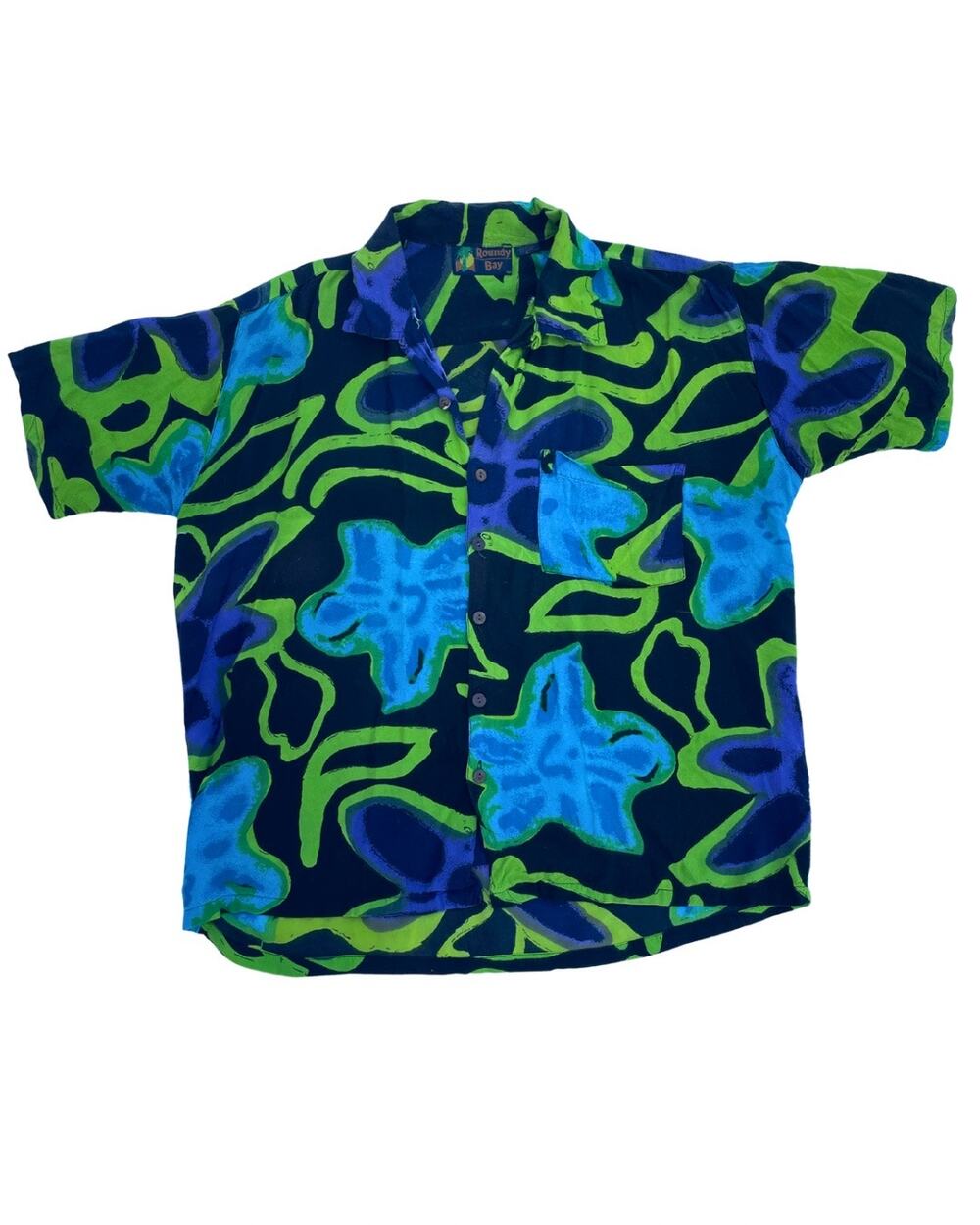 Roundy Bay Hawaiian Shirt Blue Green Purple Abstract Floral Short Sleeve
